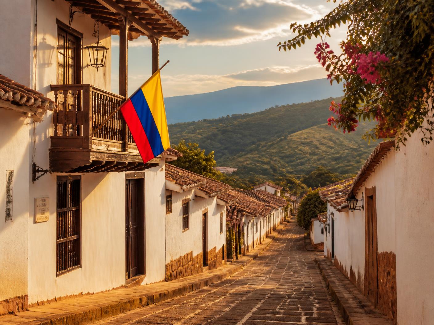 Calle empedrada colonial de Barichara con muros blancos y tejas de barro